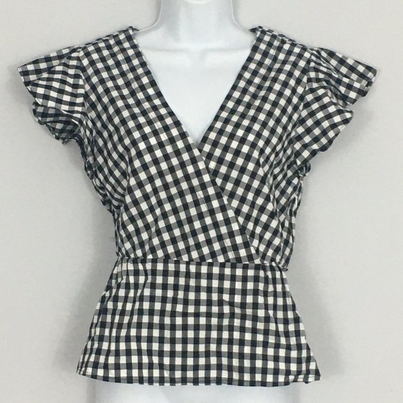J. Crew Tops - JCrew Womens 4 Black & White Checked Pullover Short Sleeve V-Neck Top
